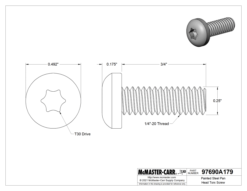 Technical Drawing of Painted Steel Pan Head Torx Screw, with Black Head, 1/4"-20 Thread Size, 3/4" Long.